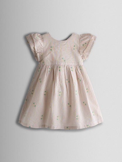 JoJo Maman Bébé Natural Striped Floral Embroidered Frill Sleeve Dress image 1