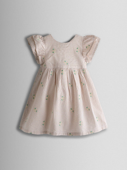 JoJo Maman Bébé Natural Striped Floral Embroidered Frill Sleeve Dress image 1