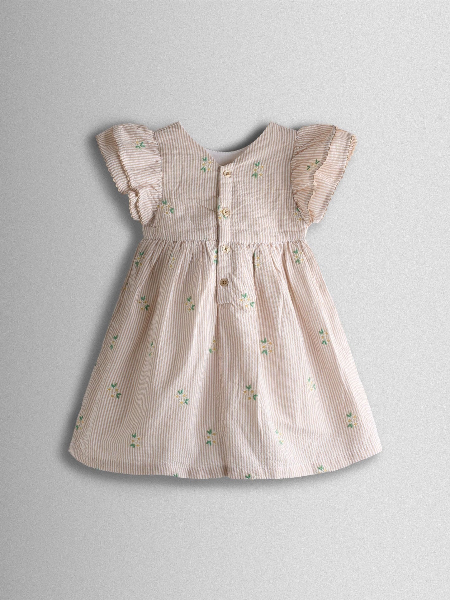JoJo Maman Bébé Natural Striped Floral Embroidered Frill Sleeve Dress image 2