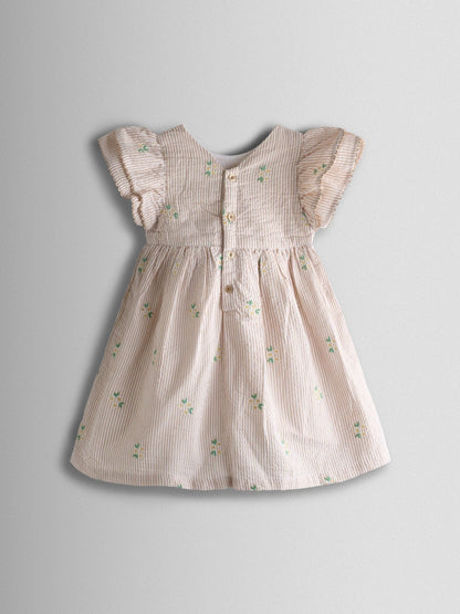JoJo Maman Bébé Natural Striped Floral Embroidered Frill Sleeve Dress image 2