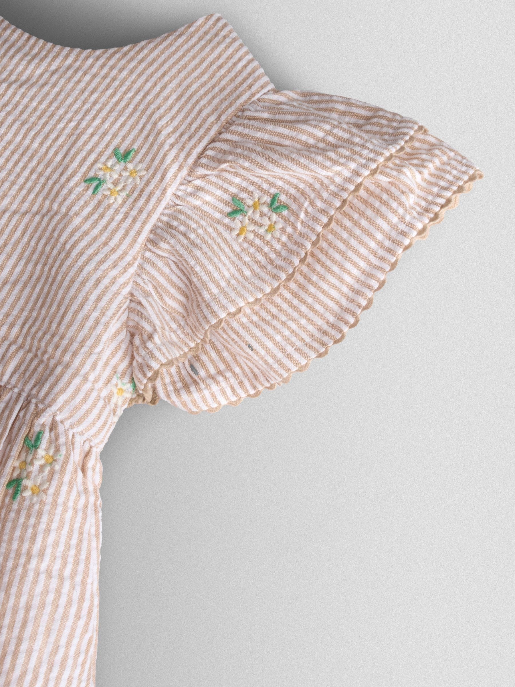 JoJo Maman Bébé Natural Striped Floral Embroidered Frill Sleeve Dress image 3