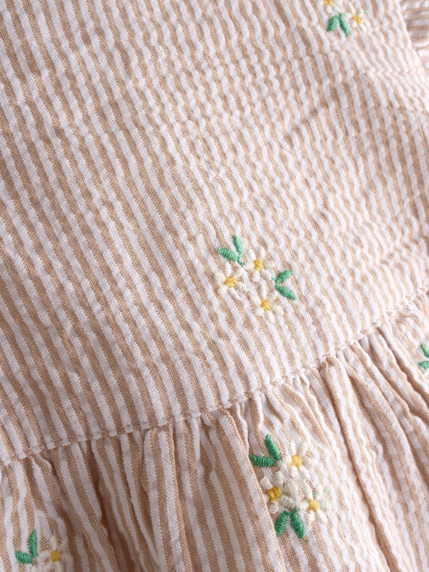 JoJo Maman Bébé Natural Striped Floral Embroidered Frill Sleeve Dress image 4