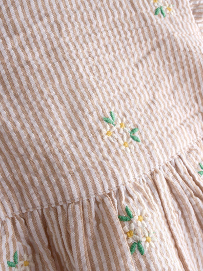 JoJo Maman Bébé Natural Striped Floral Embroidered Frill Sleeve Dress image 4