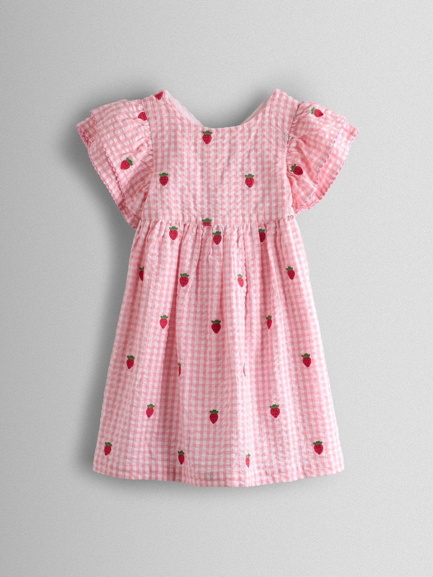 Dsiney Kidz - JoJo Maman Bébé Pink Gingham Strawberry Embroidered Frill Sleeve Dress image 2