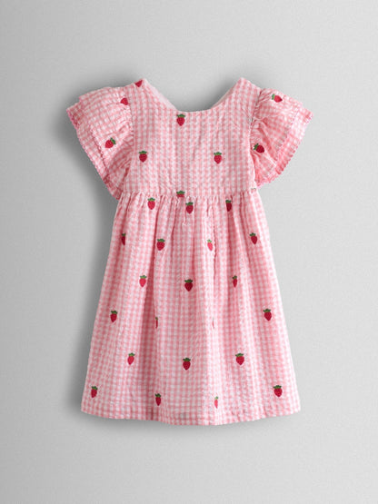 Dsiney Kidz - JoJo Maman Bébé Pink Gingham Strawberry Embroidered Frill Sleeve Dress image 2