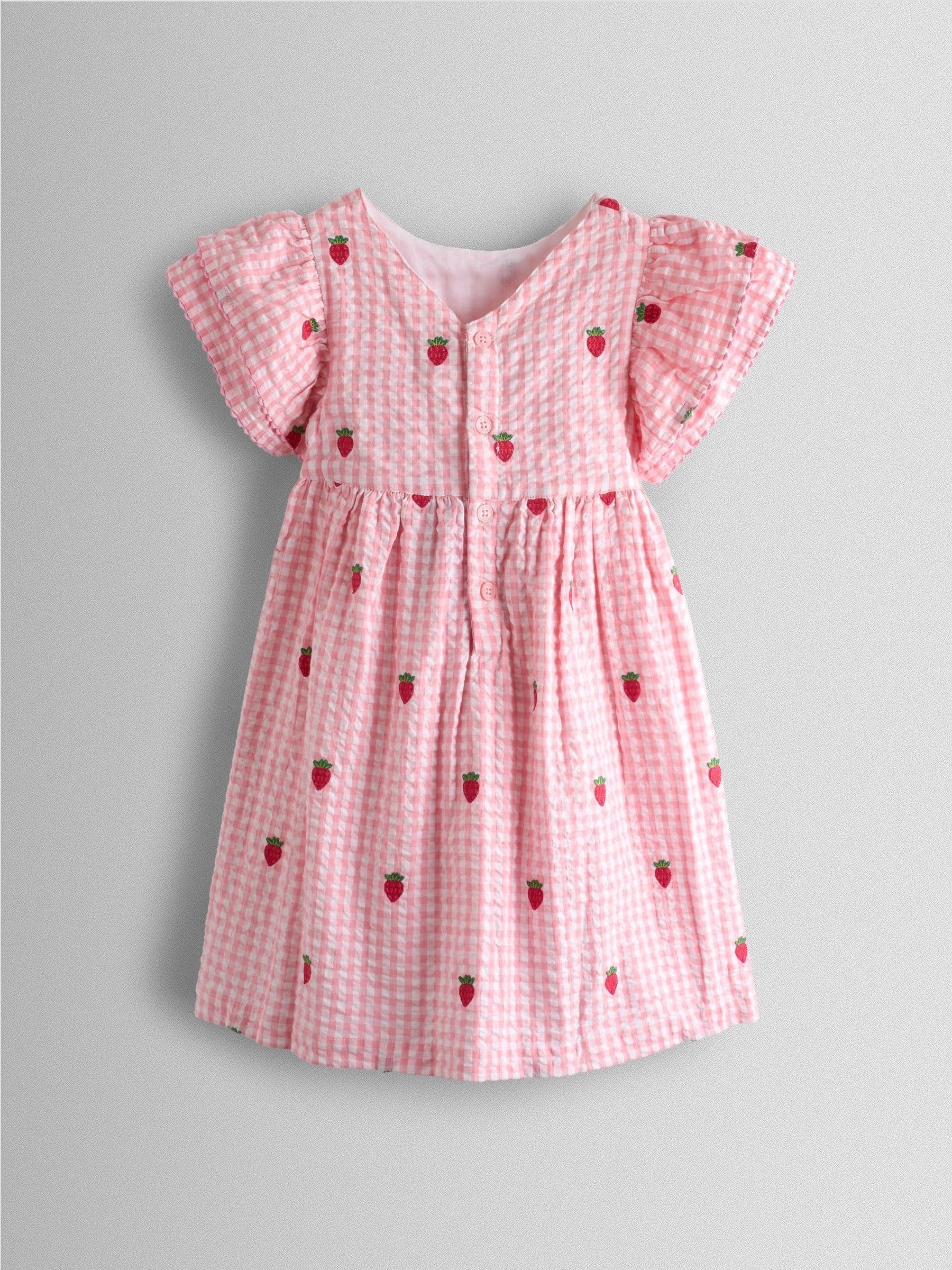 Dsiney Kidz - JoJo Maman Bébé Pink Gingham Strawberry Embroidered Frill Sleeve Dress image 3