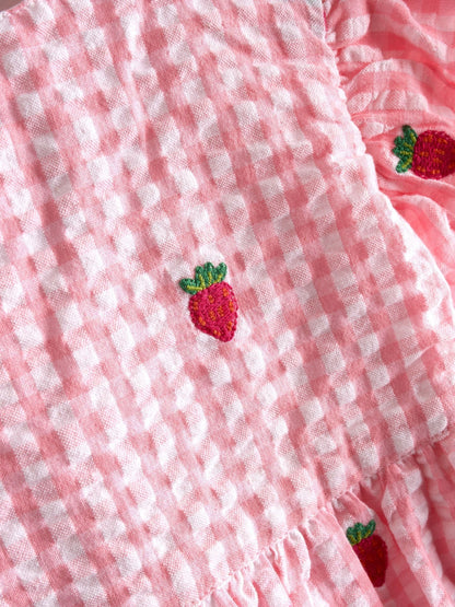 Dsiney Kidz - JoJo Maman Bébé Pink Gingham Strawberry Embroidered Frill Sleeve Dress image 4