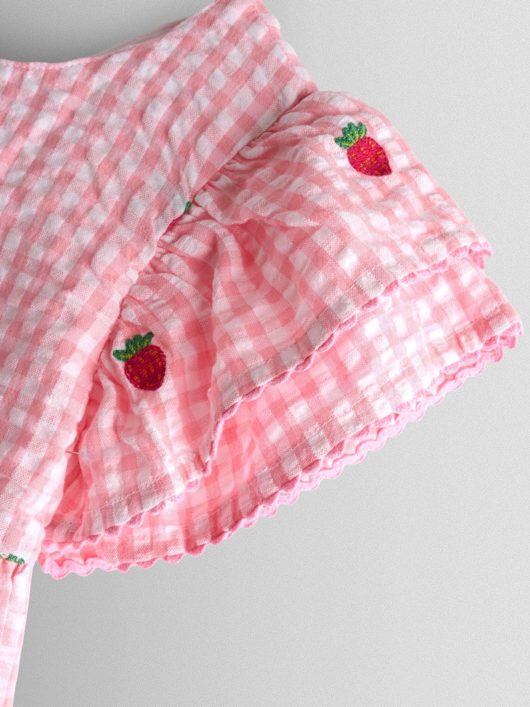 Dsiney Kidz - JoJo Maman Bébé Pink Gingham Strawberry Embroidered Frill Sleeve Dress image 5