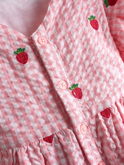 Dsiney Kidz - JoJo Maman Bébé Pink Gingham Strawberry Embroidered Frill Sleeve Dress image 6