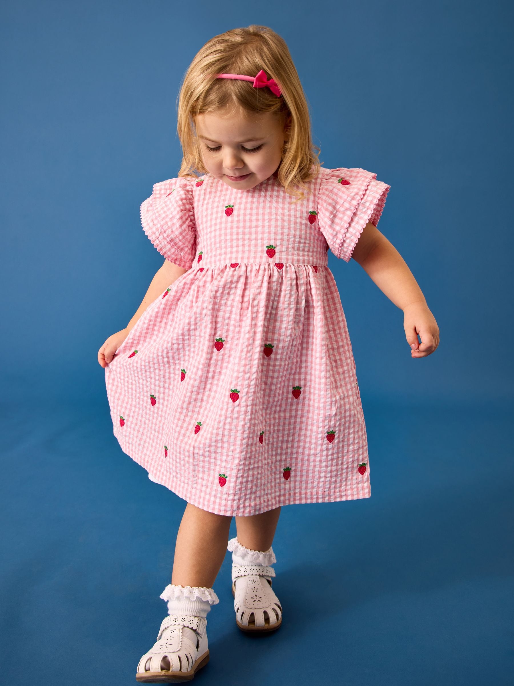 Dsiney Kidz - JoJo Maman Bébé Pink Gingham Strawberry Embroidered Frill Sleeve Dress image 1