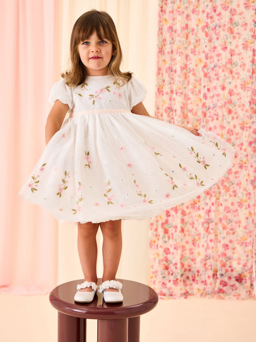 JoJo Maman Bébé White Floral Wildflower Embroidered Puff Sleeve Tulle Party Dress image 1