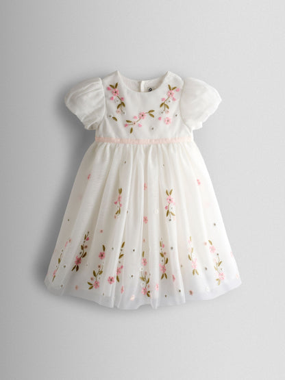 JoJo Maman Bébé White Floral Wildflower Embroidered Puff Sleeve Tulle Party Dress image 3