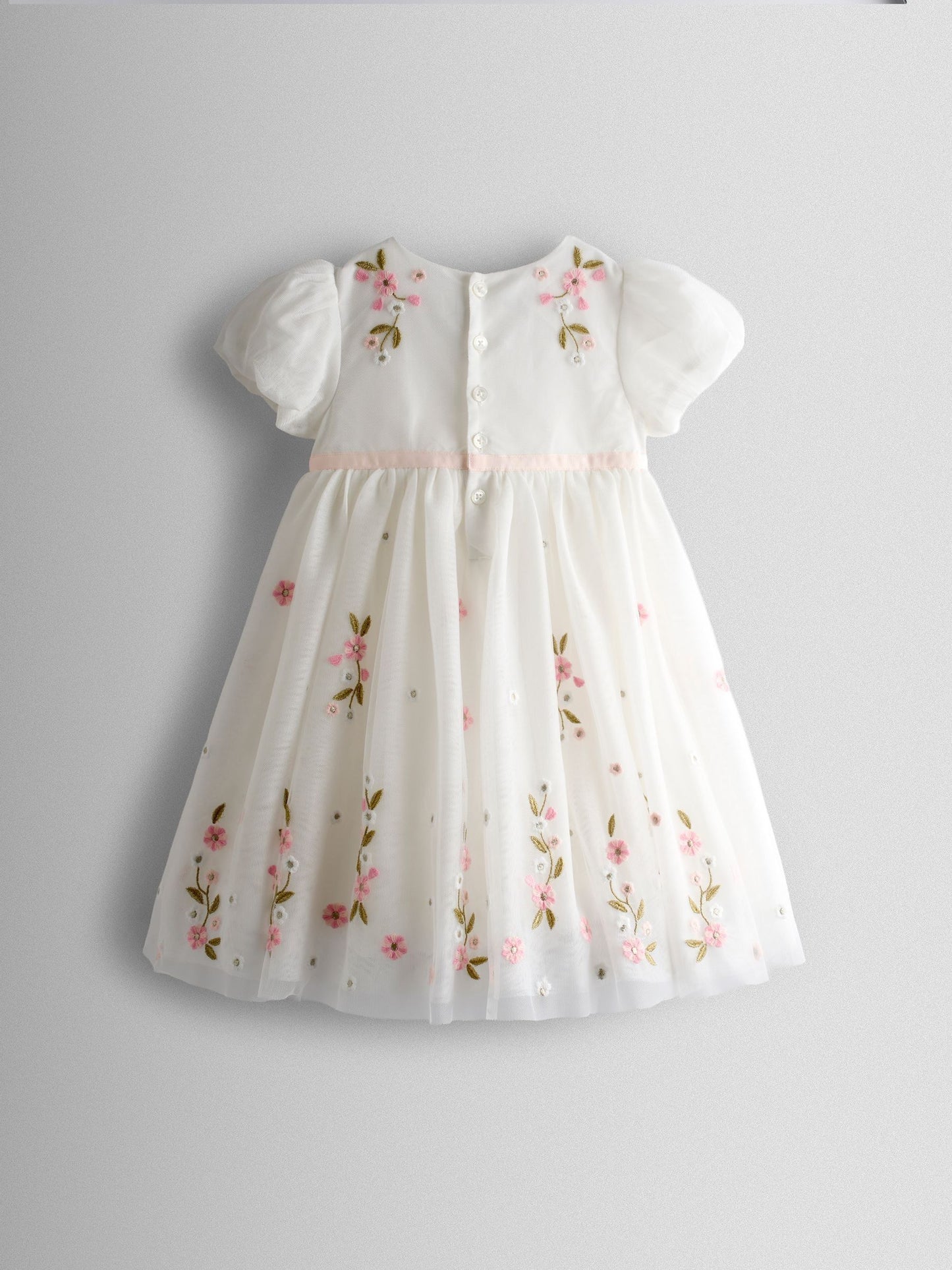 JoJo Maman Bébé White Floral Wildflower Embroidered Puff Sleeve Tulle Party Dress image 4
