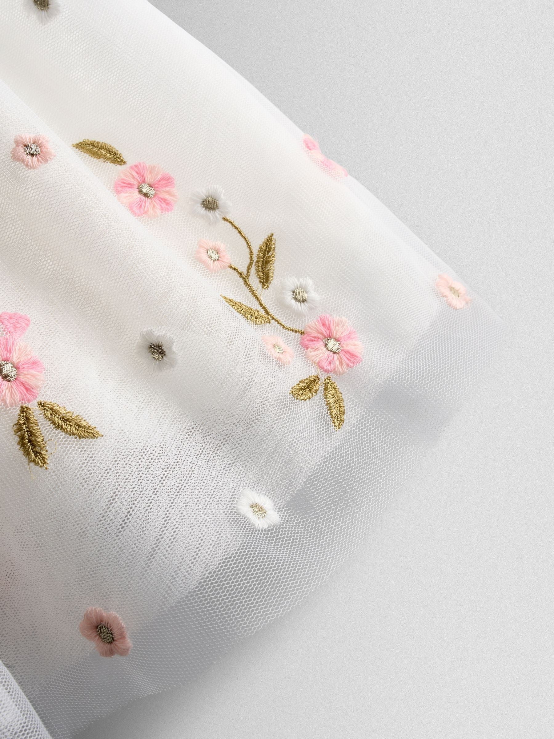 JoJo Maman Bébé White Floral Wildflower Embroidered Puff Sleeve Tulle Party Dress image 6
