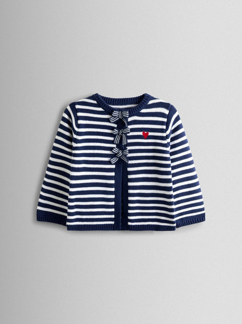 JoJo Maman Bébé Navy Blue Bow Front Striped Classic Cotton Cardigan image 1