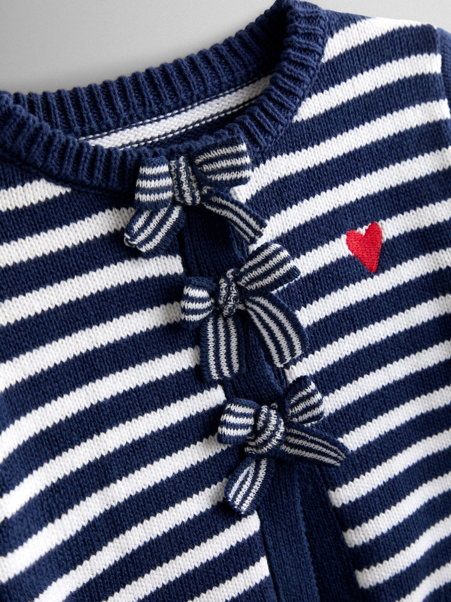 JoJo Maman Bébé Navy Blue Bow Front Striped Classic Cotton Cardigan image 3
