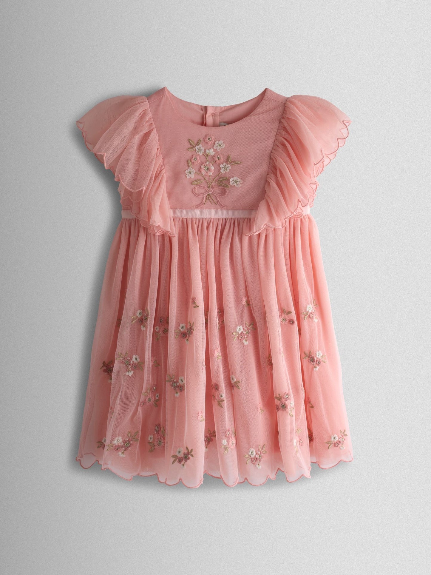 JoJo Maman Bébé Light Pink Frill Shoulder Scalloped Embroidered Party Dress image 1