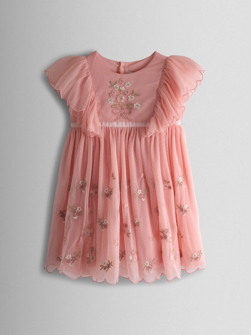 Dsiney Kidz - JoJo Maman Bébé Light Pink Frill Shoulder Scalloped Embroidered Party Dress image 1