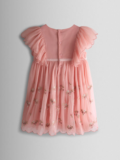 JoJo Maman Bébé Light Pink Frill Shoulder Scalloped Embroidered Party Dress image 2