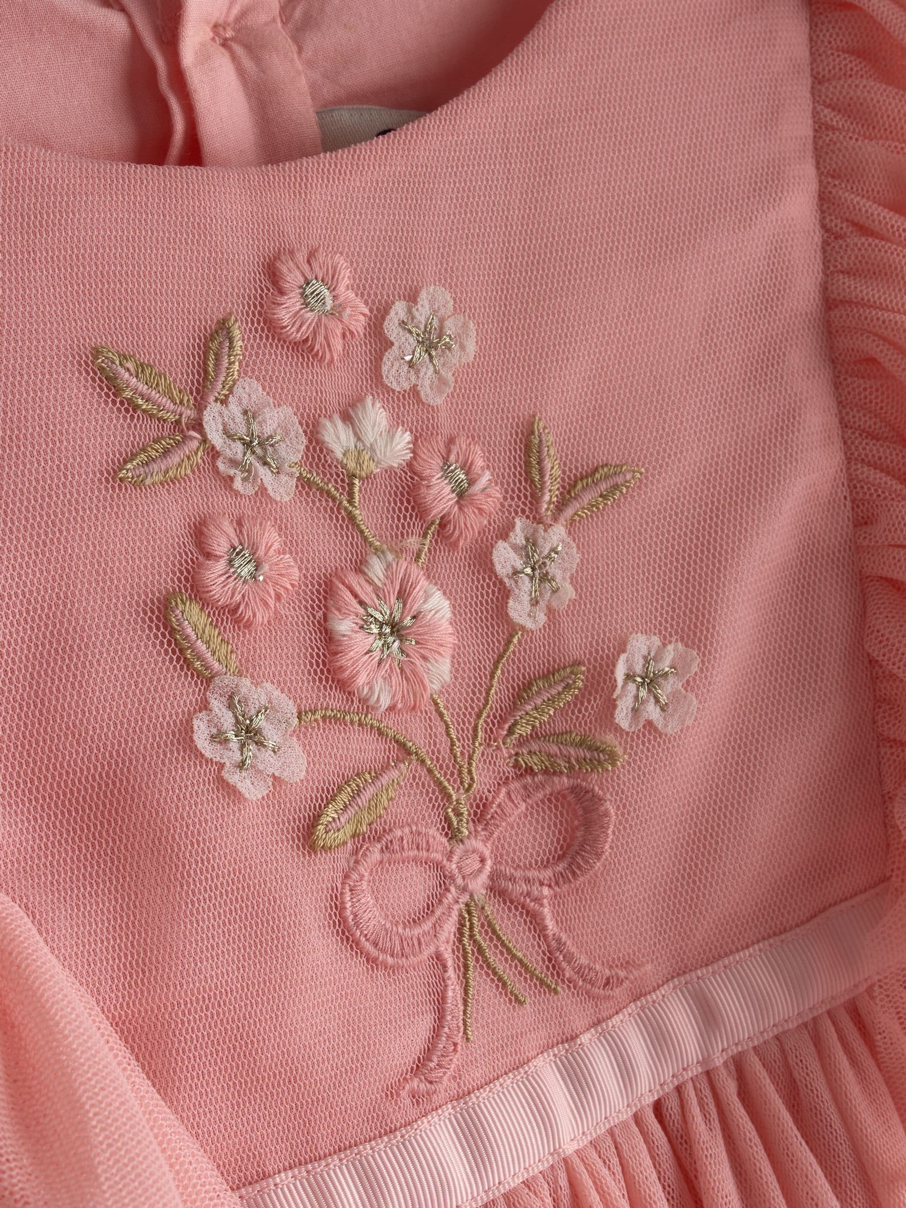 JoJo Maman Bébé Light Pink Frill Shoulder Scalloped Embroidered Party Dress image 3