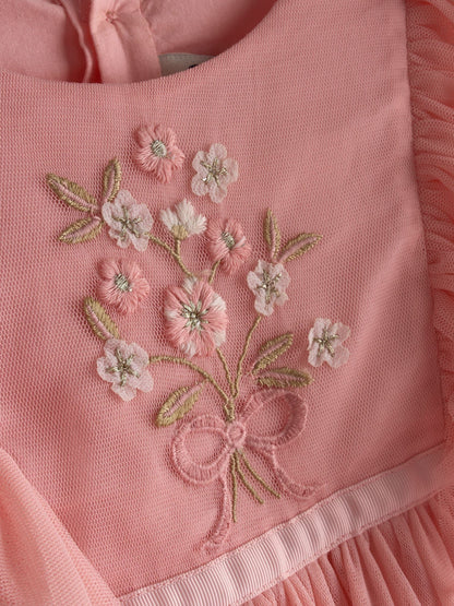 JoJo Maman Bébé Light Pink Frill Shoulder Scalloped Embroidered Party Dress image 3