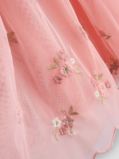 JoJo Maman Bébé Light Pink Frill Shoulder Scalloped Embroidered Party Dress image 5