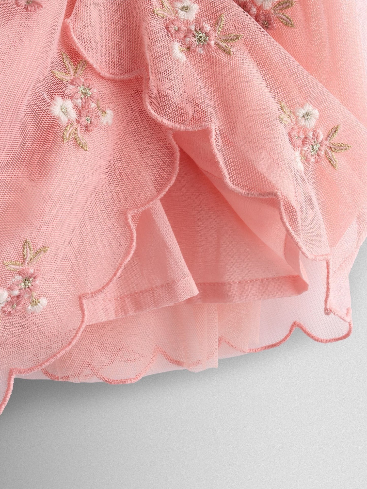 JoJo Maman Bébé Light Pink Frill Shoulder Scalloped Embroidered Party Dress image 6