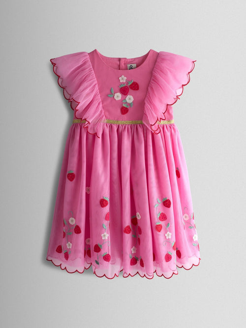 JoJo Maman Bébé Bright Pink Strawberry Wildflower Embroidered Puff Sleeve Tulle Party Dress image 1