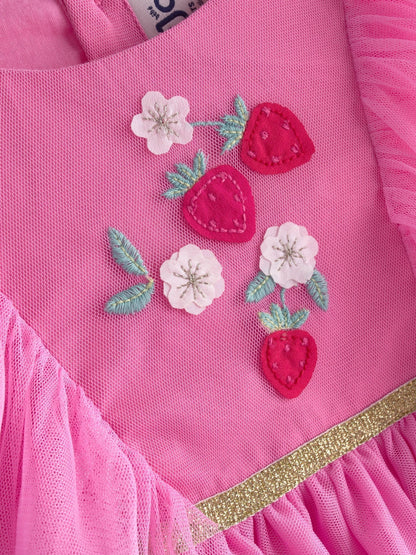 JoJo Maman Bébé Bright Pink Strawberry Wildflower Embroidered Puff Sleeve Tulle Party Dress image 3