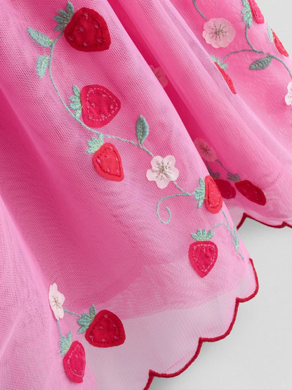 JoJo Maman Bébé Bright Pink Strawberry Wildflower Embroidered Puff Sleeve Tulle Party Dress image 4
