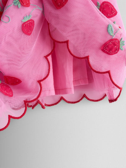 JoJo Maman Bébé Bright Pink Strawberry Wildflower Embroidered Puff Sleeve Tulle Party Dress image 5