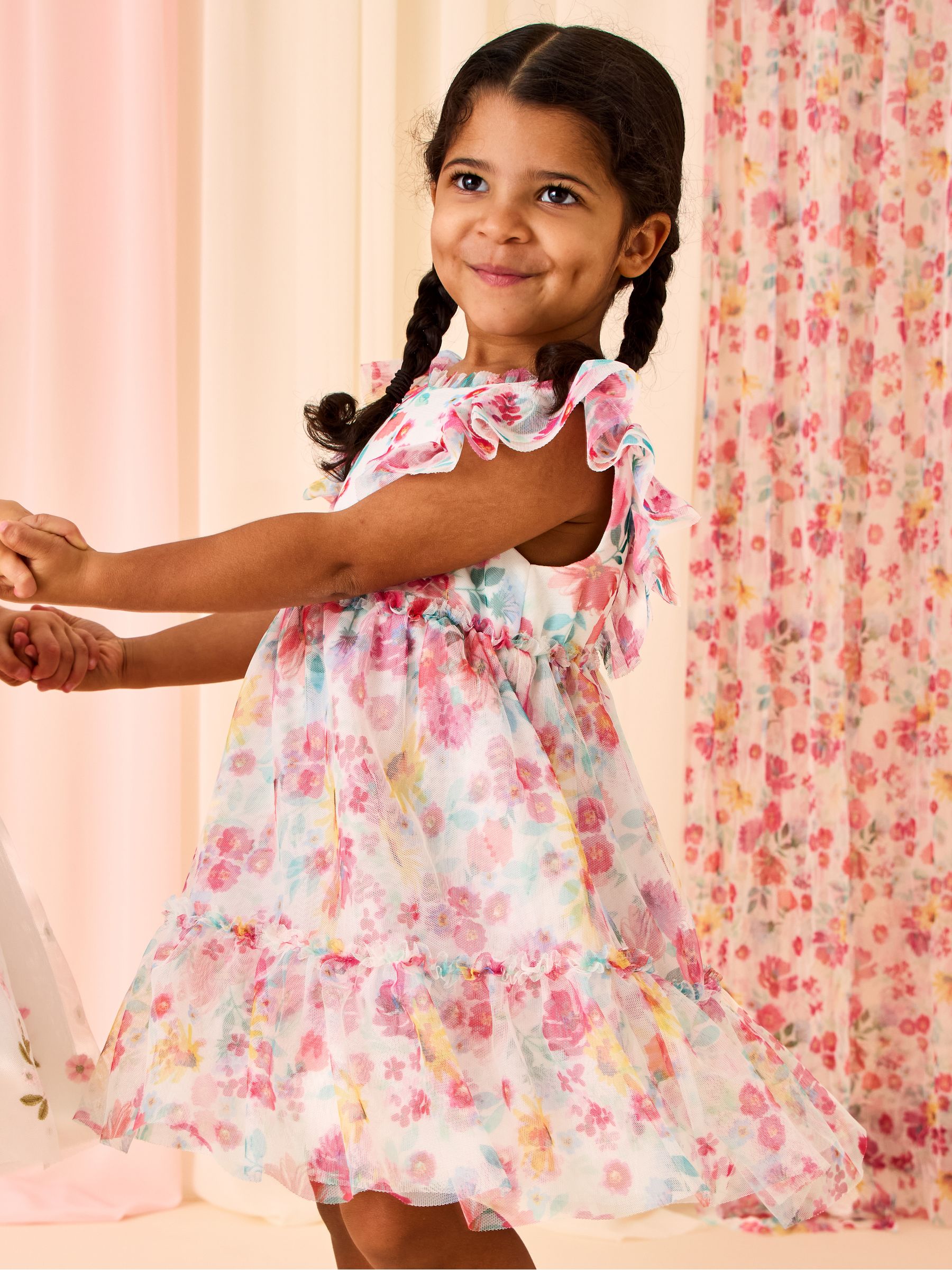 JoJo Maman Bébé White Multi Floral Printed V Back Tulle Ruffle Party Dress image 1