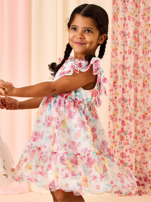 Dsiney Kidz - JoJo Maman Bébé White Multi Floral Printed V Back Tulle Ruffle Party Dress image 1