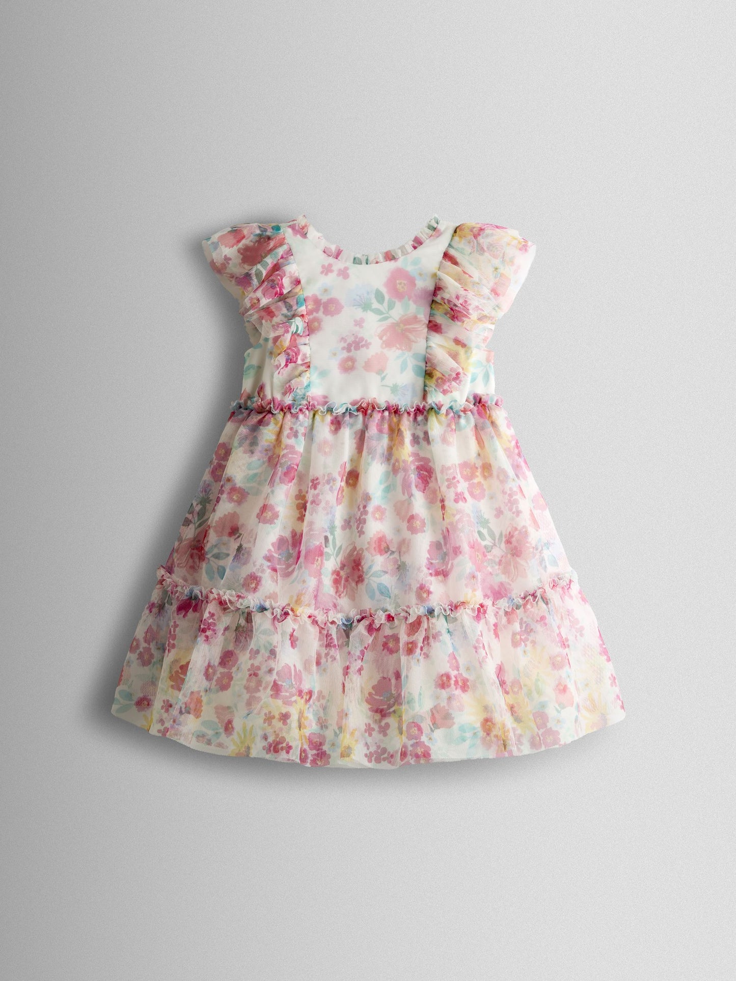JoJo Maman Bébé White Multi Floral Printed V Back Tulle Ruffle Party Dress image 2