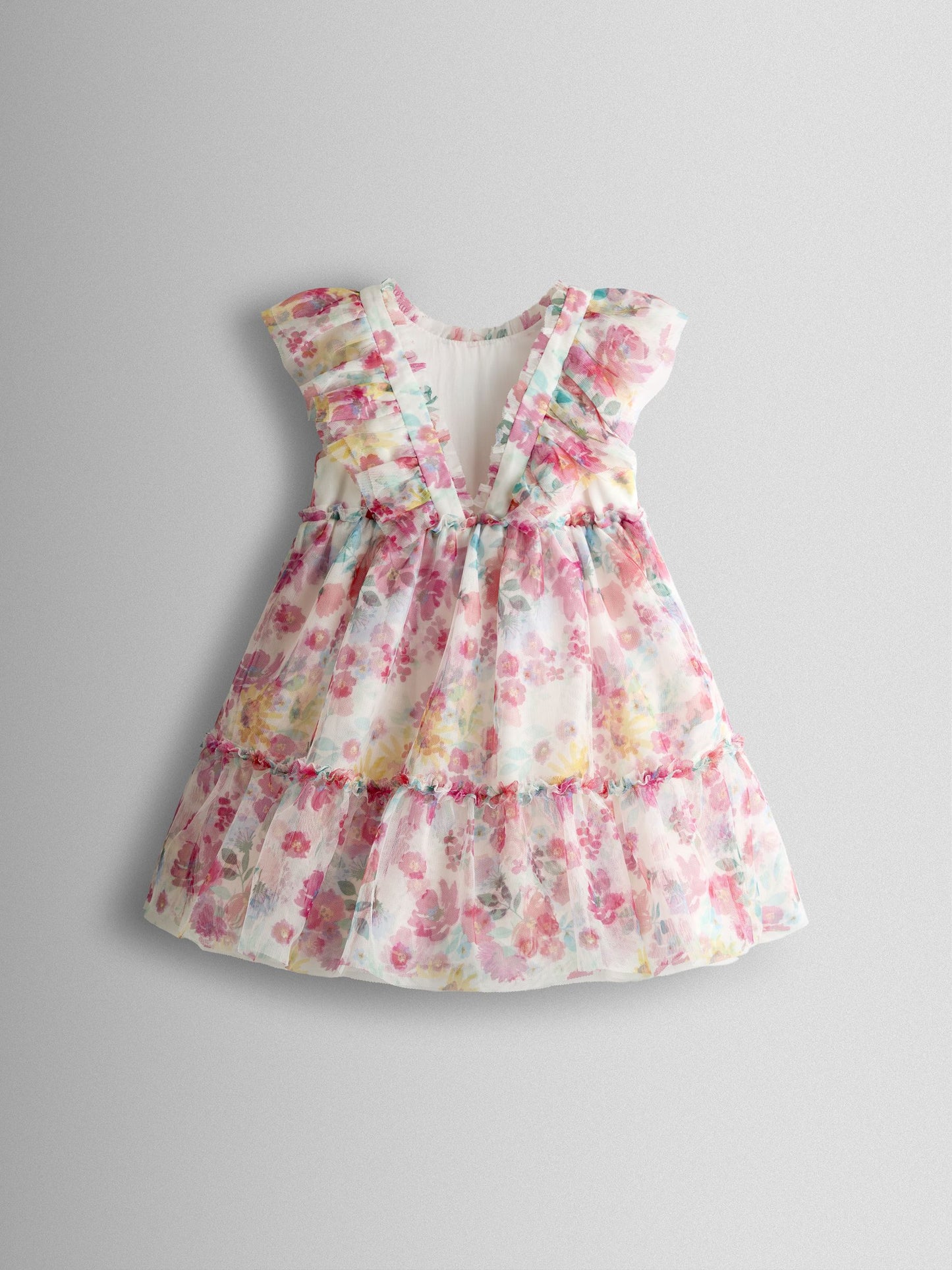 JoJo Maman Bébé White Multi Floral Printed V Back Tulle Ruffle Party Dress image 3