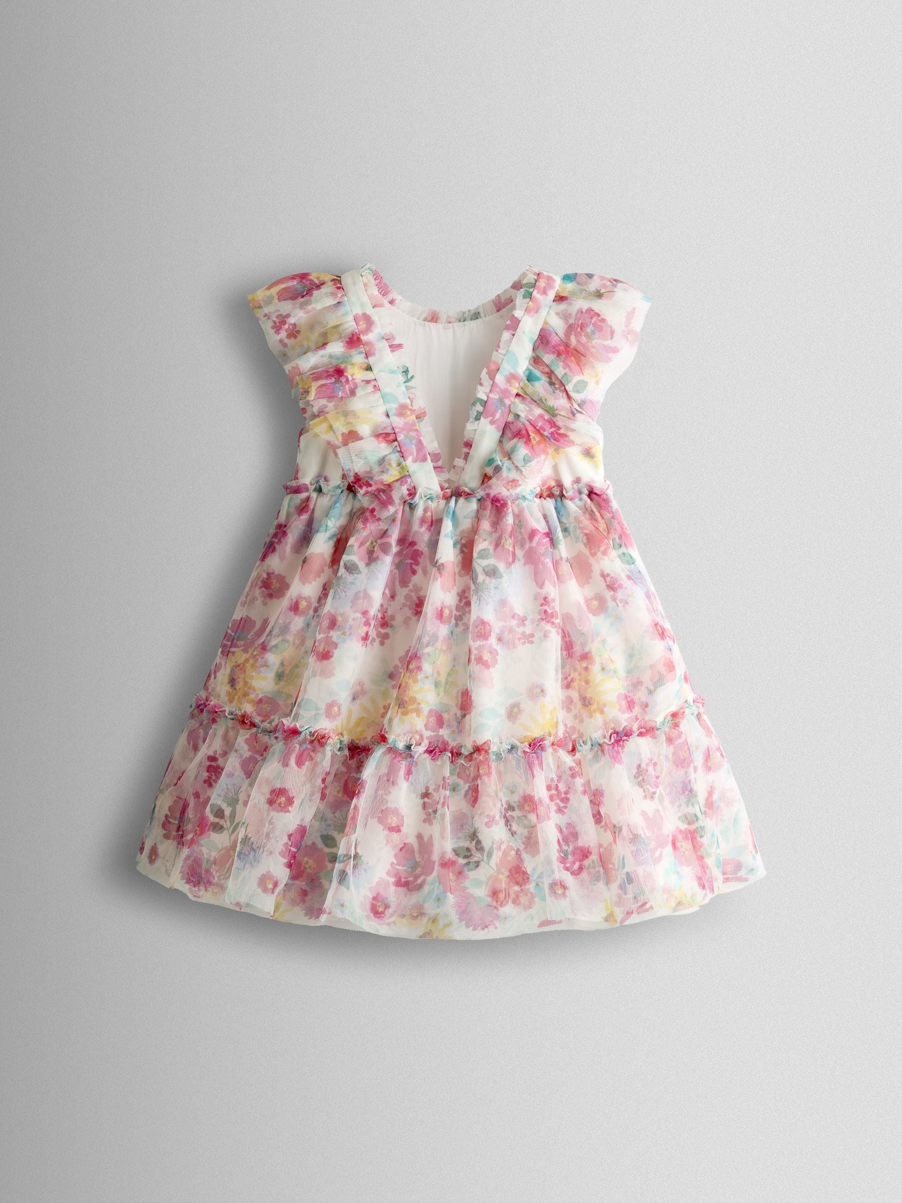 JoJo Maman Bébé White Multi Floral Printed V Back Tulle Ruffle Party Dress image 3