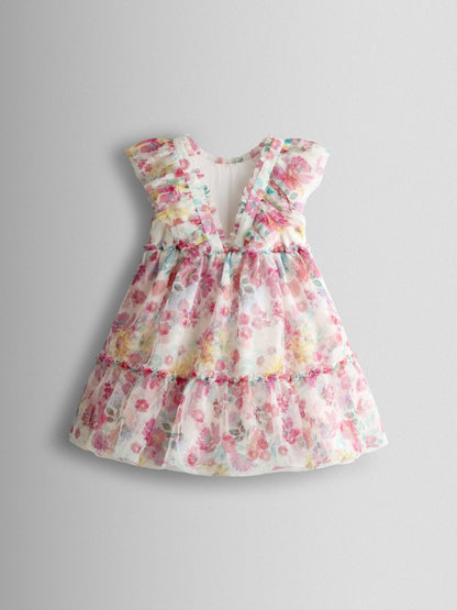 JoJo Maman Bébé White Multi Floral Printed V Back Tulle Ruffle Party Dress image 3