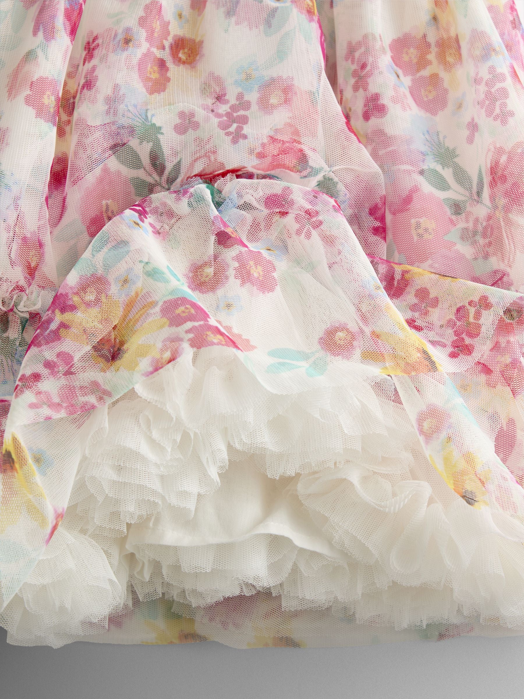 JoJo Maman Bébé White Multi Floral Printed V Back Tulle Ruffle Party Dress image 5