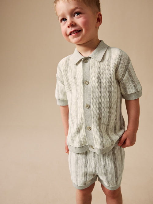 Grey Stripe Knitted Polo Shirt and Shorts Set (3mths-10yrs) image 1