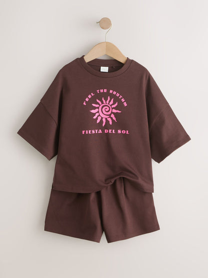 Brown/Pink Rio Heavyweight T-Shirt and Shorts Set (3-16yrs) image 7