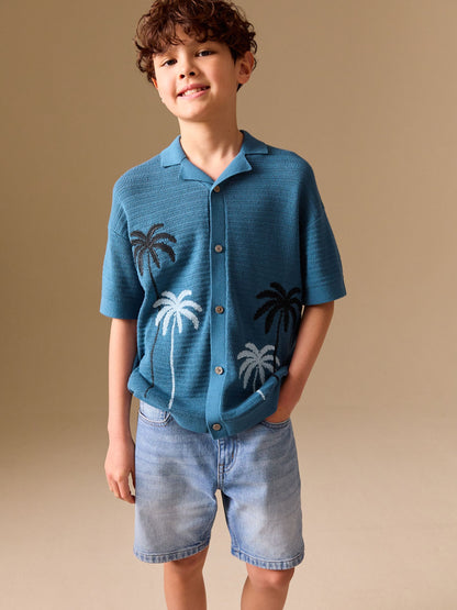 Dsiney Kidz - Blue Palm Embroidered Knitted Polo Shirt (3-16yrs) image 1