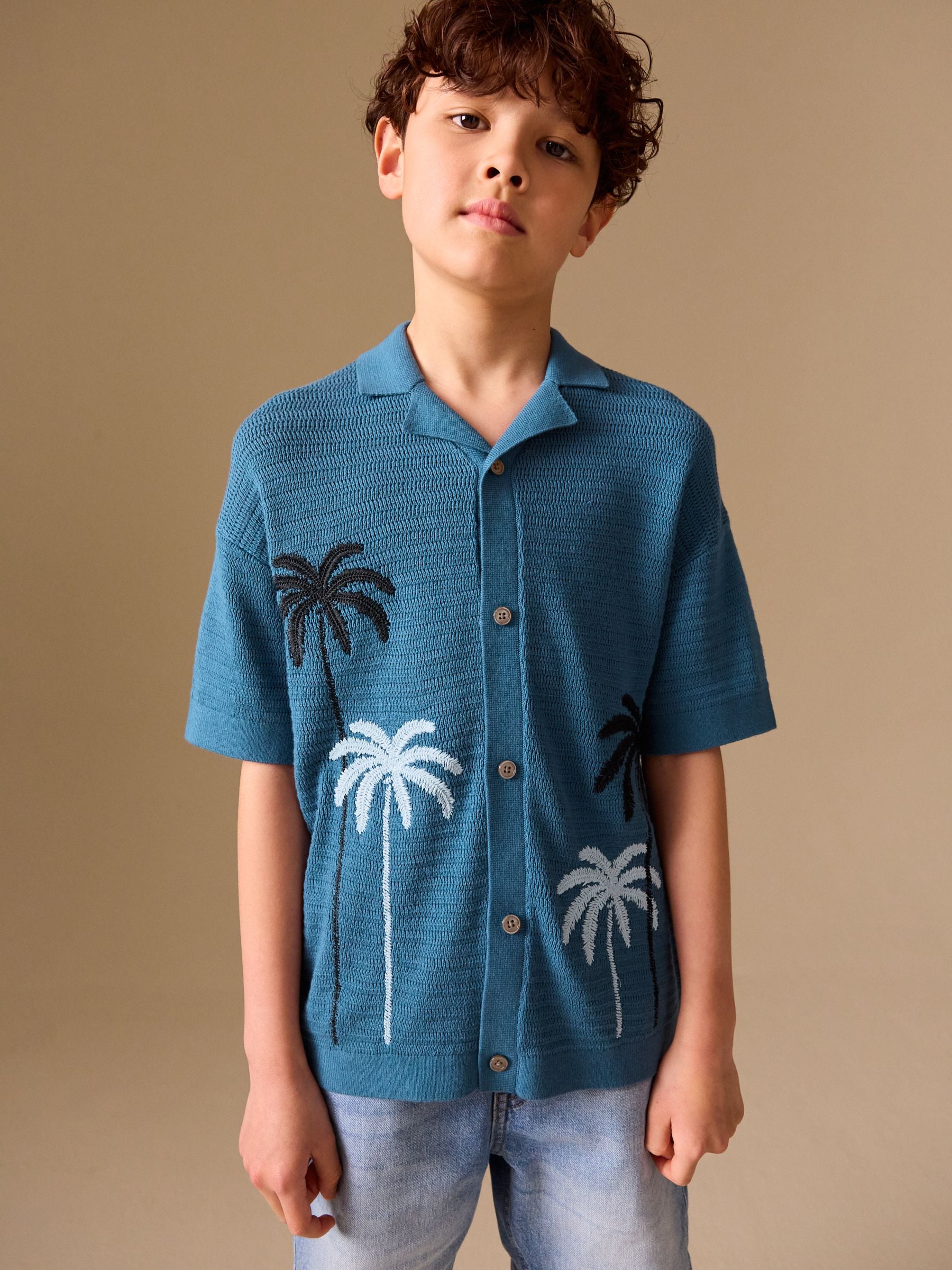 Dsiney Kidz - Blue Palm Embroidered Knitted Polo Shirt (3-16yrs) image 2