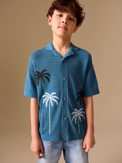 Dsiney Kidz - Blue Palm Embroidered Knitted Polo Shirt (3-16yrs) image 2