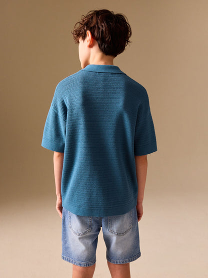 Dsiney Kidz - Blue Palm Embroidered Knitted Polo Shirt (3-16yrs) image 3