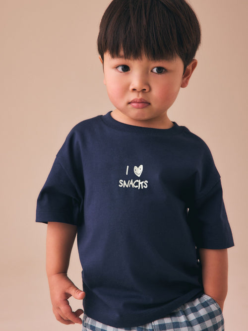 Navy Blue I love snacks Slogan Short Sleeve Small Graphic T-Shirt (3mths-8yrs) image 1