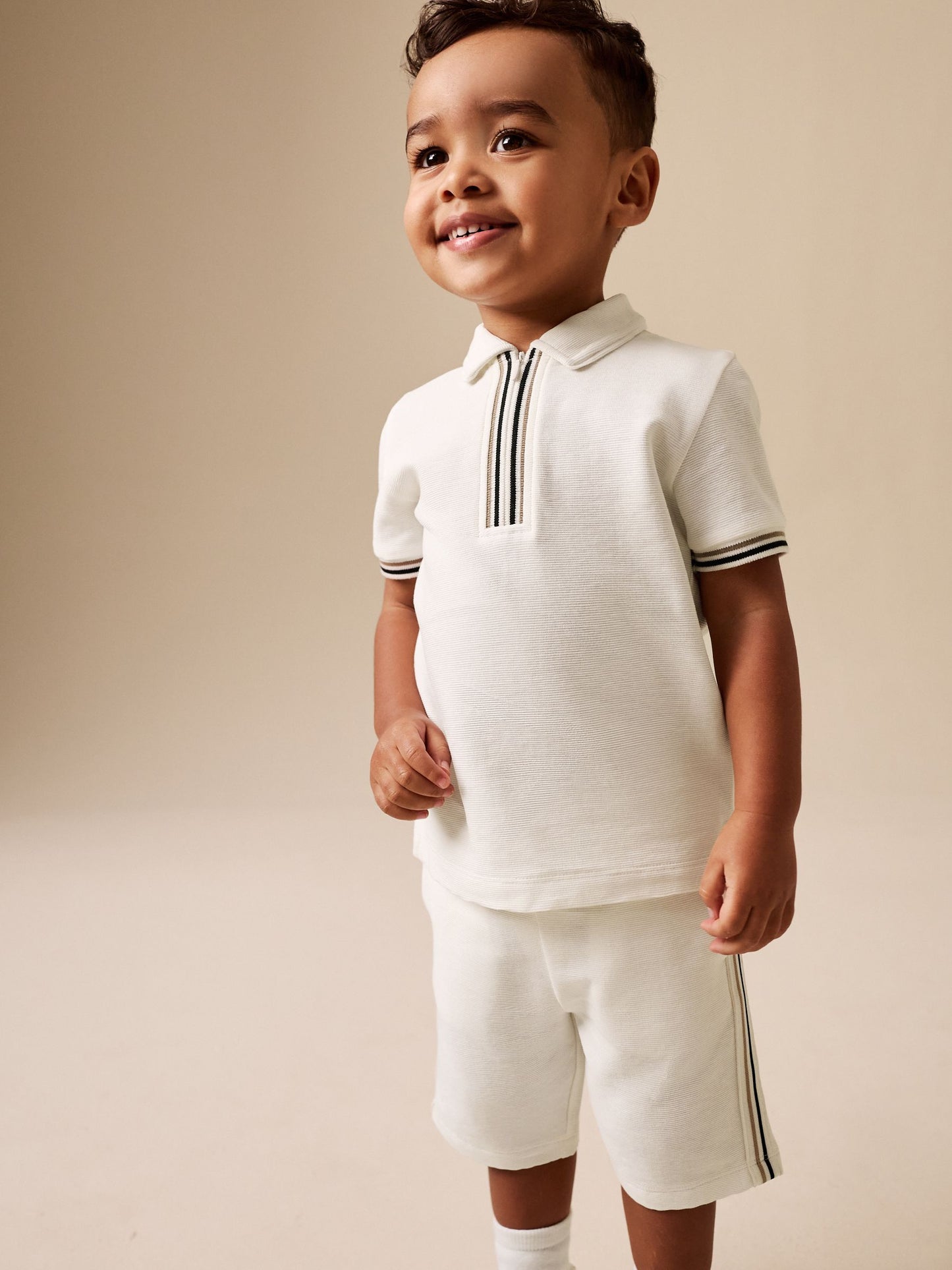 White Zip Neck Short Sleeve Polo Shirt And Shorts Set (3mths-7yrs) image 1