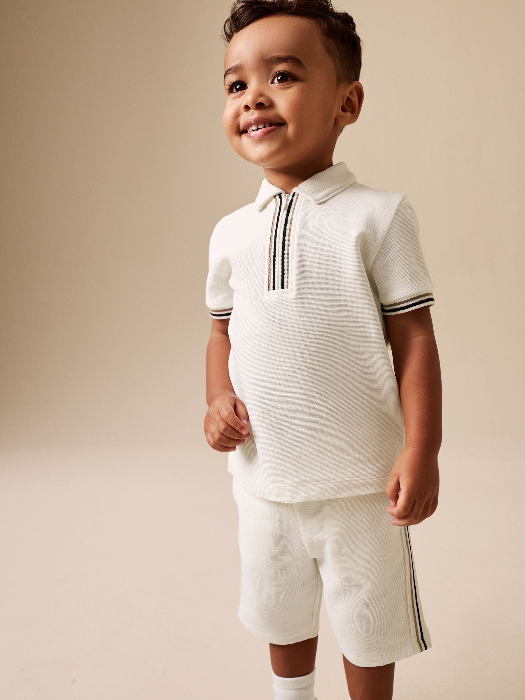 White Zip Neck Short Sleeve Polo Shirt And Shorts Set (3mths-7yrs) image 1