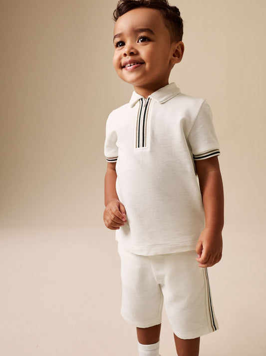 White Zip Neck Short Sleeve Polo Shirt And Shorts Set (3mths-7yrs) image 1