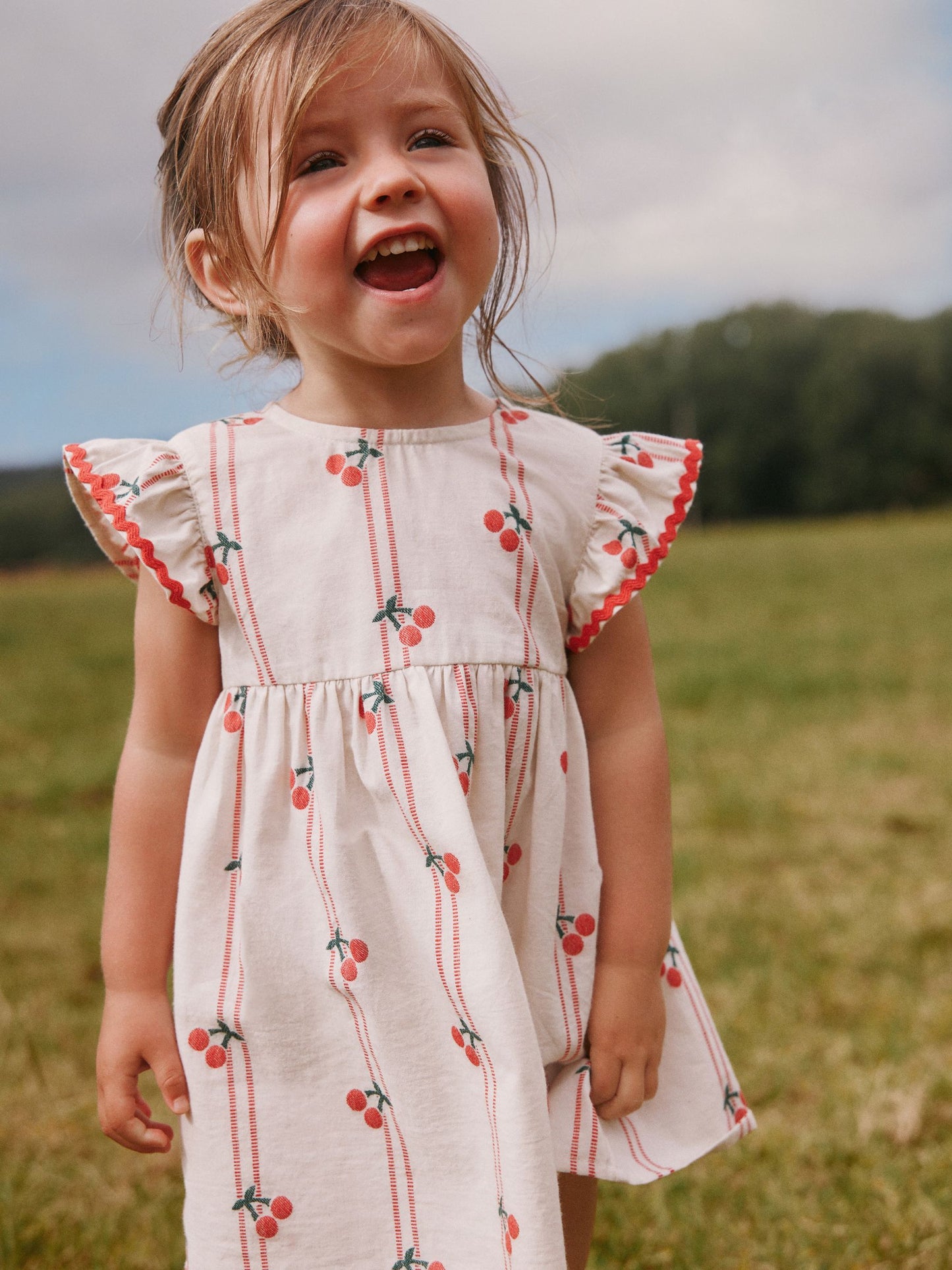 Red/Ecru Cherry Ric Rac Frill Sleeve Dress (3mths-8yrs) image 1