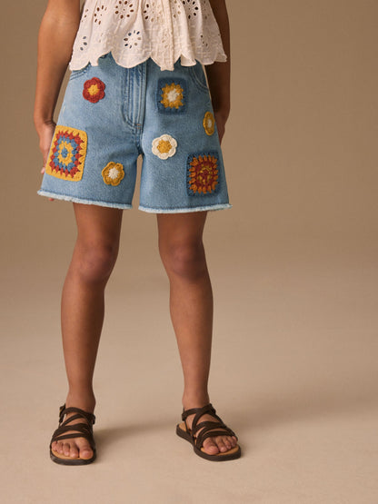 Dsiney Kidz - Mid Blue Denim Crochet Applique Crochet Denim Shorts (3-16yrs) image 1